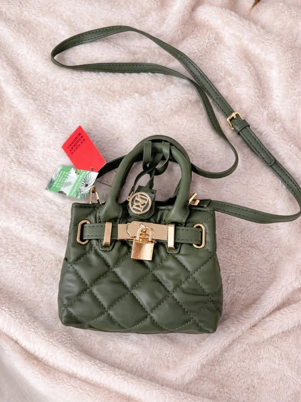 Badgley Mischka Olive Green Quilted Mini Satchel with Gold Hardware - Picture 2 of 2